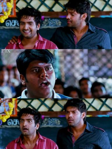 Boss Engira Baskaran meme template with Bhaskaran (Arya) with Nallathambi (Santhanam) with Paalpandi (Kumki Ashwin)