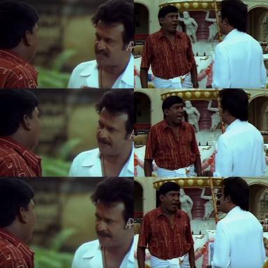 Chandramukhi meme template with Dr. Saravanan / Vettaiyan Raja (Rajinikanth) with Murugesan (Vadivelu)