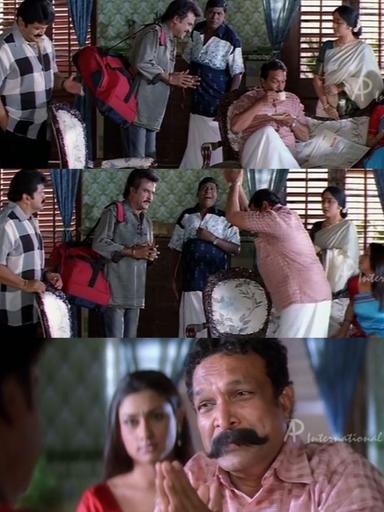 Chandramukhi meme template with Dr. Saravanan / Vettaiyan Raja (Rajinikanth) with Murugesan (Vadivelu)