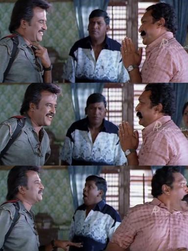 Chandramukhi meme template with Dr. Saravanan / Vettaiyan Raja (Rajinikanth) with Murugesan (Vadivelu)