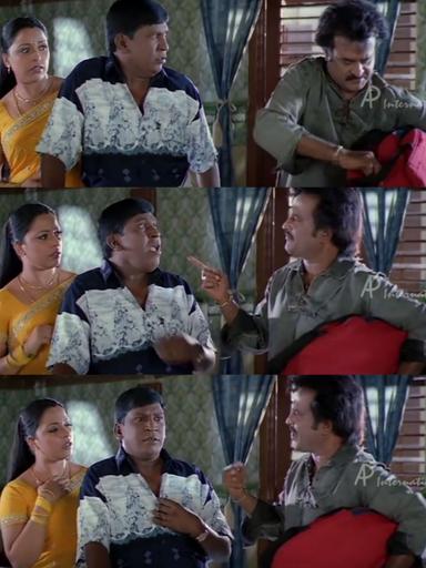 Chandramukhi meme template with Dr. Saravanan / Vettaiyan Raja (Rajinikanth) with Murugesan (Vadivelu)