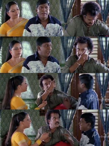 Chandramukhi meme template with Dr. Saravanan / Vettaiyan Raja (Rajinikanth) with Murugesan (Vadivelu) with Swarna (Suvarna Mathew)