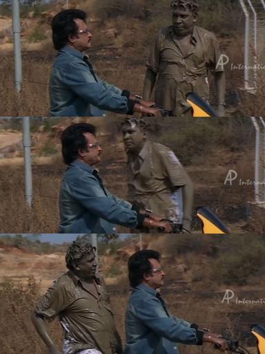 Chandramukhi meme template with Dr. Saravanan / Vettaiyan Raja (Rajinikanth) with Murugesan (Vadivelu)