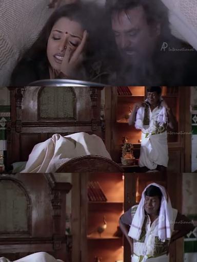 Chandramukhi meme template with Dr. Saravanan / Vettaiyan Raja (Rajinikanth) with Murugesan (Vadivelu) with Swarna (Suvarna Mathew)