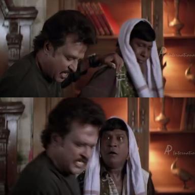 Chandramukhi meme template with Dr. Saravanan / Vettaiyan Raja (Rajinikanth) with Murugesan (Vadivelu)