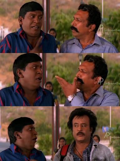 Chandramukhi meme template with Dr. Saravanan / Vettaiyan Raja (Rajinikanth) with Murugesan (Vadivelu) with Kandaswamy (Nassar)