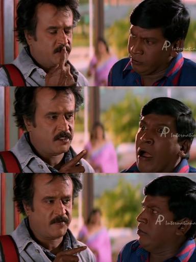 Chandramukhi meme template with Dr. Saravanan / Vettaiyan Raja (Rajinikanth) with Murugesan (Vadivelu) with Swarna (Suvarna Mathew)