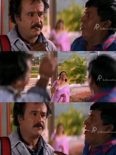 Chandramukhi meme template with Dr. Saravanan / Vettaiyan Raja (Rajinikanth) with Murugesan (Vadivelu) with Swarna (Suvarna Mathew)