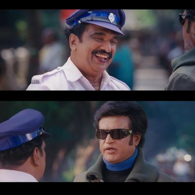 Enthiran meme template with Dr. Vaseegaran / Chitti (Rajinikanth) with Traffic Police (Cochin Haneefa)