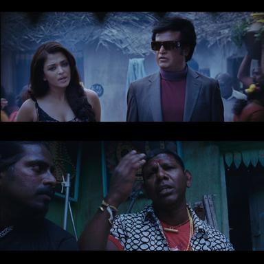 Enthiran meme template with Dr. Vaseegaran / Chitti (Rajinikanth) with Sana (Aishwarya Rai Bachchan) with Thug (Boxer Dheena)