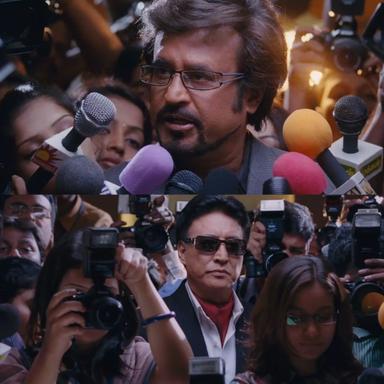 Enthiran meme template with Dr. Vaseegaran / Chitti (Rajinikanth) with Dr. Bohra (Danny Denzongpa)