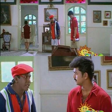 Friends meme template with Aravindan (Vijay) with Contractor Nesamani (Vadivelu)