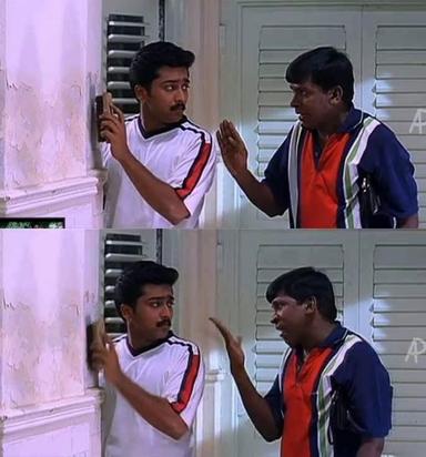 Friends meme template with Chandru (Suriya) with Contractor Nesamani (Vadivelu)