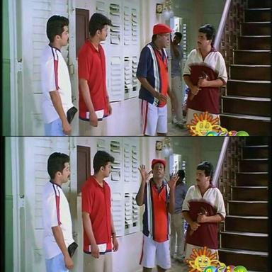 Friends meme template with Aravindan (Vijay) with Chandru (Suriya) with Contractor Nesamani (Vadivelu) with Krishnamoorthy (Ramesh Khanna)