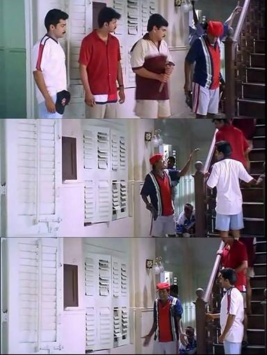 Friends meme template with Aravindan (Vijay) with Chandru (Suriya) with Contractor Nesamani (Vadivelu) with Krishnamoorthy (Ramesh Khanna)