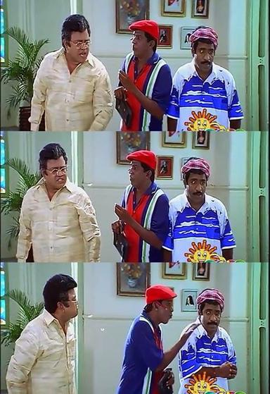 Friends meme template with Contractor Nesamani (Vadivelu) with Gopal (Charle) with Abhirami's Father (Radha Ravi)