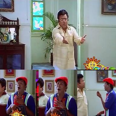 Friends meme template with Contractor Nesamani (Vadivelu) with Abhirami's Father (Radha Ravi) with Krishnamoorthy (Ramesh Khanna)