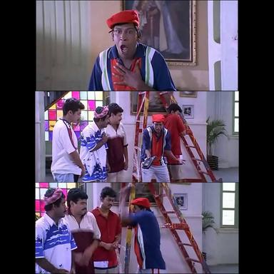 Friends meme template with Chandru (Suriya) with Contractor Nesamani (Vadivelu) with Aravindan (Vijay)