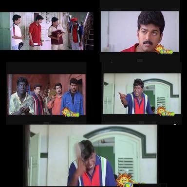 Friends meme template with Chandru (Suriya) with Contractor Nesamani (Vadivelu) with Aravindan (Vijay)