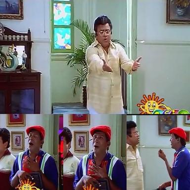 Friends meme template with Chandru (Suriya) with Contractor Nesamani (Vadivelu) with Aravindan (Vijay)