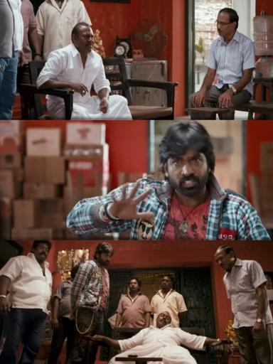 Idharkuthane Aasaipattai Balakumara meme template with Kumaravel (Sumar Moonji Kumar) (Vijay Sethupathi) with Kumudha's Father (Pattimandram Raja) with Annachi (Pasupathy)