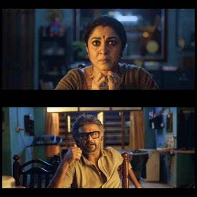 Jailer meme template with Muthuvel "Tiger" Pandian (Rajinikanth) with Vijayalakshmi "Viji" Pandian (Ramya Krishnan)