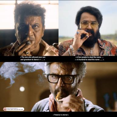 Jailer meme template with Muthuvel "Tiger" Pandian (Rajinikanth) with Mathew (Mohanlal) with Narasimha (Shivaraj Kumar)