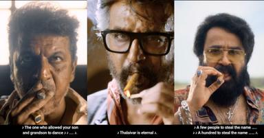 Jailer meme template with Muthuvel "Tiger" Pandian (Rajinikanth) with Mathew (Mohanlal) with Narasimha (Shivaraj Kumar)