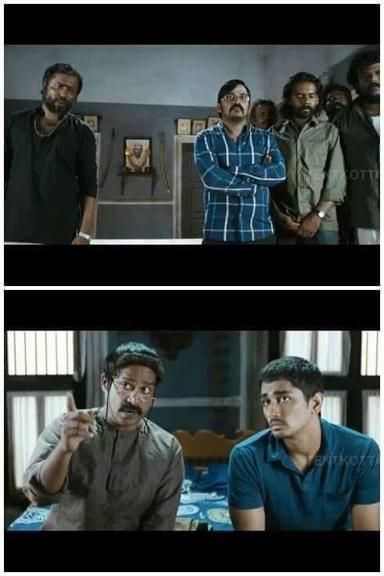 Jigarthanda meme template with Karthik (Siddharth) with "Assault" Sethu (Bobby Simha) with Muthu (Guru Somasundaram) with Rasu (Ramachandran Durairaj) with Oorani (Karunakaran)