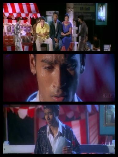 Kadhal Konden meme template with Vinod (Dhanush) with Divya (Sonia Agarwal) with Aadhi Kesavan (Sudeep Sarangi)