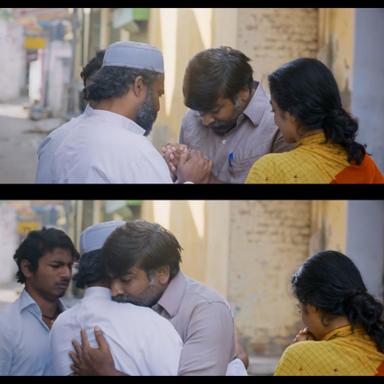 The Great Man meme template with Radhakrishnan (Vijay Sethupathi) with  (Gayathrie Shankar) with  (Guru Somasundaram)