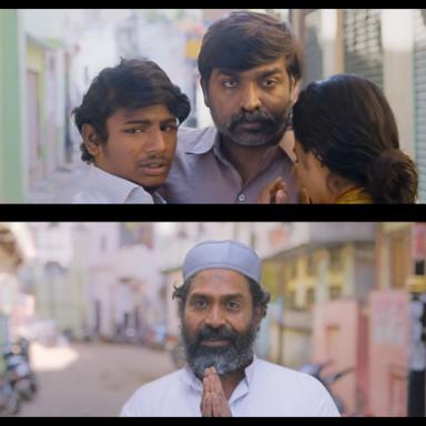 The Great Man meme template with Radhakrishnan (Vijay Sethupathi) with  (Gayathrie Shankar) with  (Guru Somasundaram)