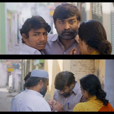 The Great Man meme template with Radhakrishnan (Vijay Sethupathi) with  (Gayathrie Shankar) with  (Guru Somasundaram)