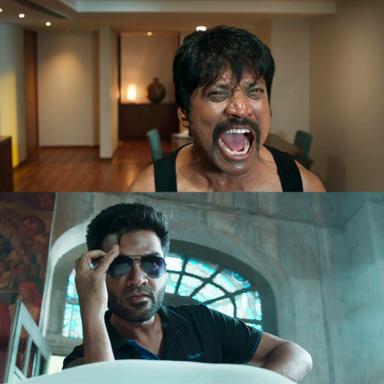 Maanaadu meme template with Dhanushkodi (S. J. Suryah) with Abdul Khaaliq (Silambarasan)