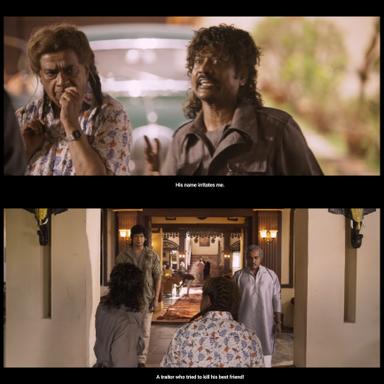 Mark Antony meme template with Mark/Antony (Vishal Krishna) with Jackie Pandian / Madhan Pandiyan (S. J. Suryah) with Ekambaram (Sunil Varma) with Gowri (Y. G. Mahendran)