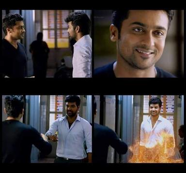 Massu Engira Maasilamani meme template with Masilamani (Massu) and Sakthi (Suriya)