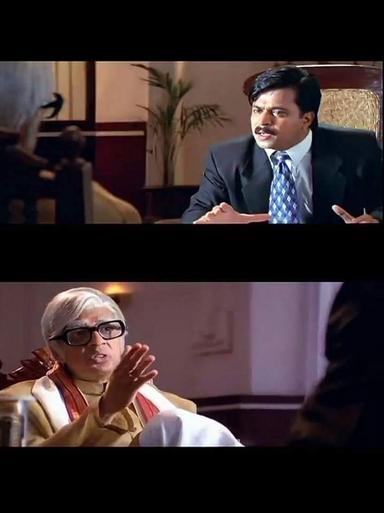 Mudhalvan meme template with Pughazhendhi Narayanan (Arjun Sarja) with Chief Minister Aranganathan (Raghuvaran)