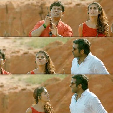 Naanum Rowdydhaan meme template with 'Pondy' Pandi (Vijay Sethupathi) with Kadambari (Nayanthara) with Pondicherry Don (Anandaraj)