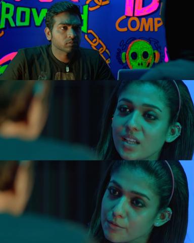 Naanum Rowdydhaan meme template with 'Pondy' Pandi (Vijay Sethupathi) with Kadambari (Nayanthara)