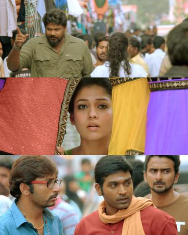 Naanum Rowdydhaan meme template with 'Pondy' Pandi (Vijay Sethupathi) with Kadambari (Nayanthara) with Junior Rowdy (Balaji Patturaj)