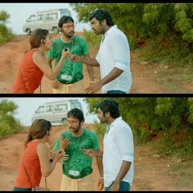 Naanum Rowdydhaan meme template with 'Pondy' Pandi (Vijay Sethupathi) with Kadambari (Nayanthara) with Junior Rowdy (Balaji Patturaj)