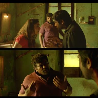 Naanum Rowdydhaan meme template with 'Pondy' Pandi (Vijay Sethupathi) with Kadambari (Nayanthara) with Killivalavan (R. Parthiban)