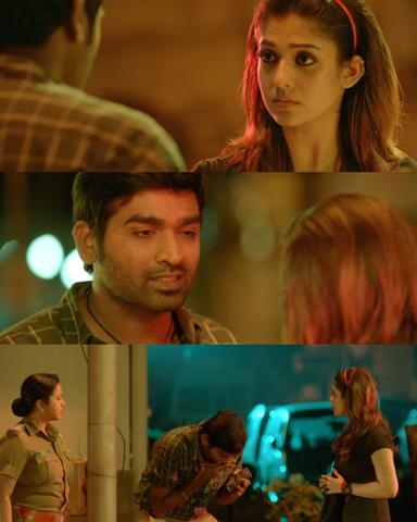 Naanum Rowdydhaan meme template with 'Pondy' Pandi (Vijay Sethupathi) with Kadambari (Nayanthara) with Inspector Meenakumari (Radhika Sarathkumar)