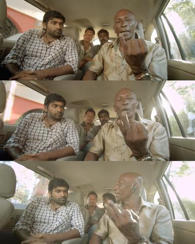 Naanum Rowdydhaan meme template with 'Pondy' Pandi (Vijay Sethupathi) with Don Raja (Rajendran)