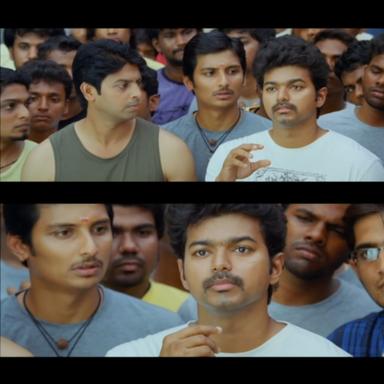 Nanban meme template with Panchavan "Pari" Pariventhan/Kosaksi "Pappu" Pasapugazh (Vijay) with Sevarkodi Senthil (Jiiva) with Venkat Ramakrishnan (Srikanth)