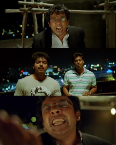 Nanban meme template with Panchavan "Pari" Pariventhan/Kosaksi "Pappu" Pasapugazh (Vijay) with Sevarkodi Senthil (Jiiva) with Venkat Ramakrishnan (Srikanth) with Srivatsan (Silencer) (Sathyan Sivakumar)