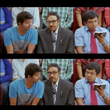 Nanban meme template with Panchavan "Pari" Pariventhan/Kosaksi "Pappu" Pasapugazh (Vijay) with Virumandi Santhanam (Virus) (Sathyaraj) with Srivatsan (Silencer) (Sathyan Sivakumar)