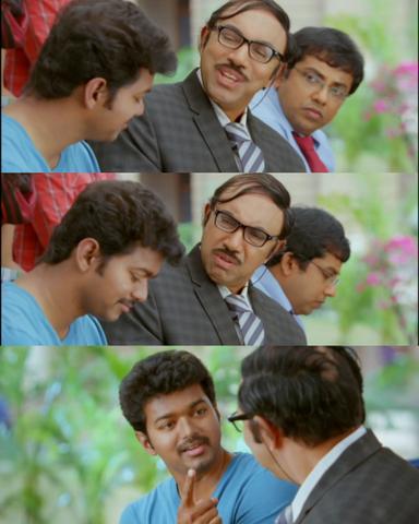 Nanban meme template with Panchavan "Pari" Pariventhan/Kosaksi "Pappu" Pasapugazh (Vijay) with Virumandi Santhanam (Virus) (Sathyaraj) with Srivatsan (Silencer) (Sathyan Sivakumar)