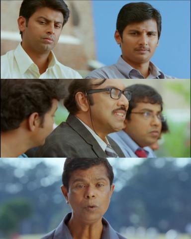 Nanban meme template with Panchavan "Pari" Pariventhan/Kosaksi "Pappu" Pasapugazh (Vijay) with Sevarkodi Senthil (Jiiva) with Venkat Ramakrishnan (Srikanth) with Virumandi Santhanam (Virus) (Sathyaraj)