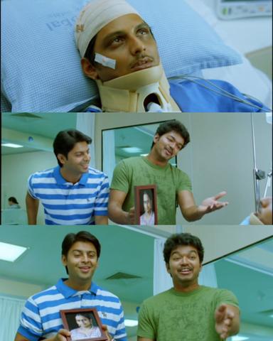 Nanban meme template with Panchavan "Pari" Pariventhan/Kosaksi "Pappu" Pasapugazh (Vijay) with Sevarkodi Senthil (Jiiva) with Venkat Ramakrishnan (Srikanth)